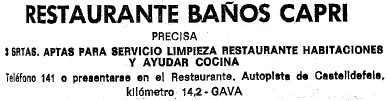 Anunci del restaurant-balneari Capri de Gav Mar publicat al diari La Vanguardia el 26 d'Abril de 1970 buscant dones de neteja